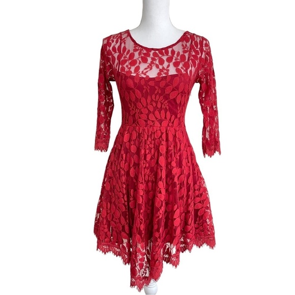 Free People Floral Mesh Lace Dress Red Size 2 - Picture 1 of 11